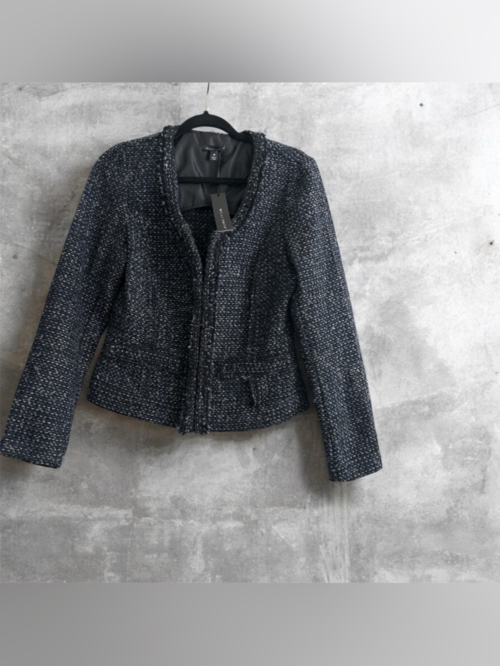 Willi Smith Navy & White Tweed Collarless Blazer